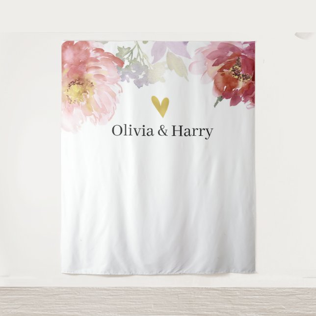 Elegant Watercolor Floral Heart Wedding Backdrop Tapestry (Front)