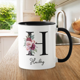 Elegant Watercolor Floral Initial Name Monogram Mug
