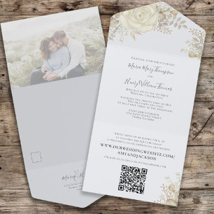 Elegant Watercolor Floral Ivory Photo QR Code All In One Invitation