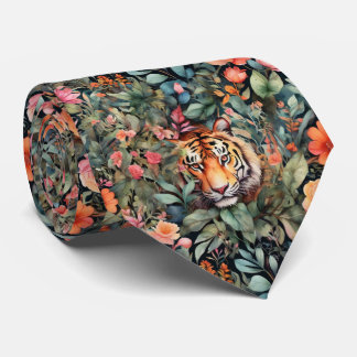 Elegant watercolor floral jungle and tiger tie