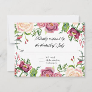 Elegant Watercolor Floral Leaf Pink Burgundy RSVP Card