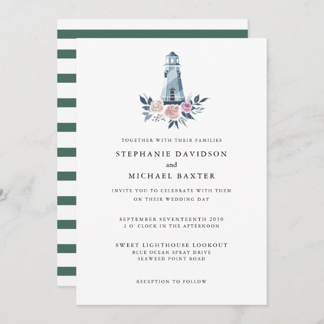 Elegant Watercolor Floral Lighthouse Nautical Invitation (Front/Back)