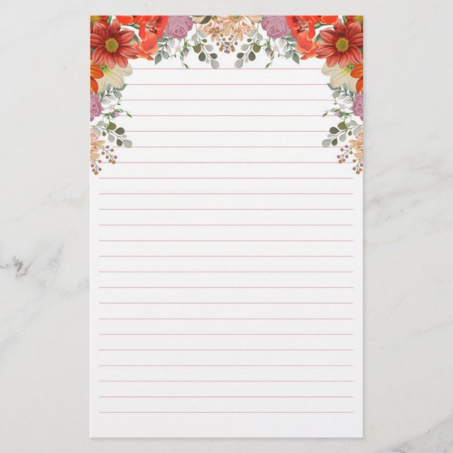 Elegant Watercolor Floral Lined Botanical Stationery (Front)