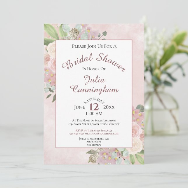 Elegant Watercolor Floral Mauve Pink Bridal Shower Invitation (Standing Front)