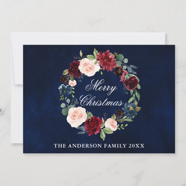 Elegant Watercolor Floral Merry Christmas Holiday Card (Front)