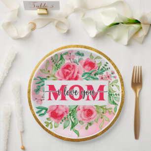 Elegant Watercolor Floral "MOM I Love You" Mother' Paper Plate