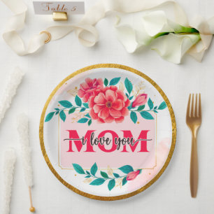 Elegant Watercolor Floral "MOM I Love You" Mother' Paper Plate