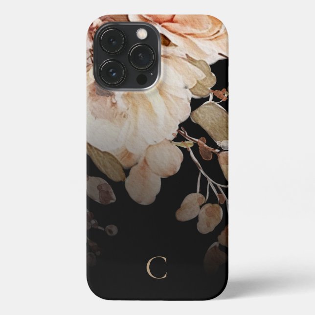 Elegant Watercolor Floral Monogram Black iPhone Case (Back)