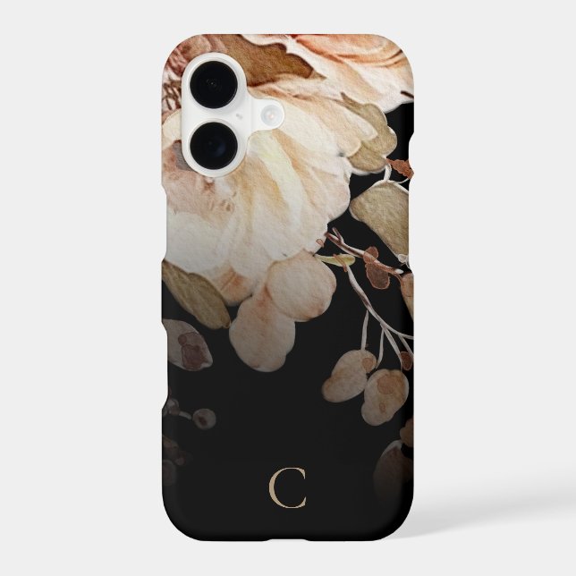 Elegant Watercolor Floral Monogram Black iPhone Case (Back)