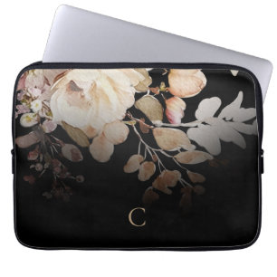 Elegant Watercolor Floral Monogram Black Laptop Sleeve