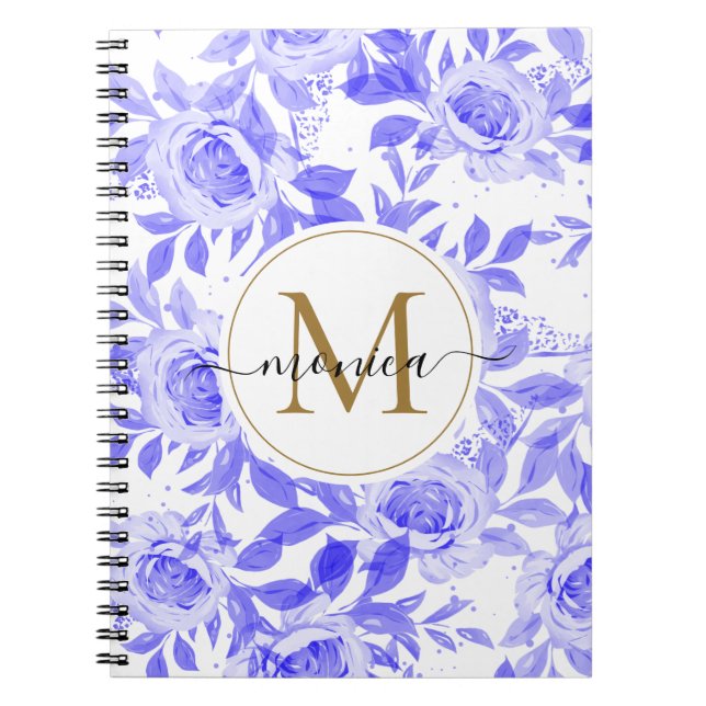 Elegant Watercolor Floral Monogram Cobalt Blue Notebook (Front)