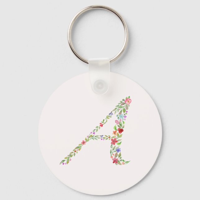 Elegant Watercolor Floral Monogram Letter A Key Ring (Front)