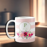 Elegant Watercolor Floral Monogram on Pink Stripes Coffee Mug<br><div class="desc">Shades of pale pink, cerise pink, fuchsia pink to marsala pink, this watercolor floral design sits on pink lemonade and white stripes. REMOVE white stripes or change the colours of stripes and pink background to colour. All text, fonts, colours, sizes can be modified, just click the CUSTOMIZE further link. See...</div>