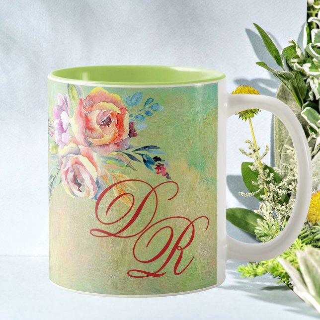 Elegant Watercolor Floral Monogram Two-Tone Coffee Mug (Creator Uploaded)
