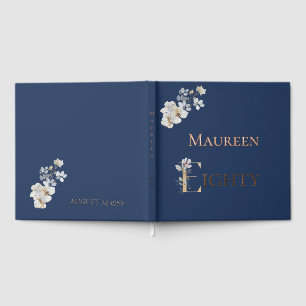 Elegant Watercolor Floral Navy 80th Birthday Rose Guest Book