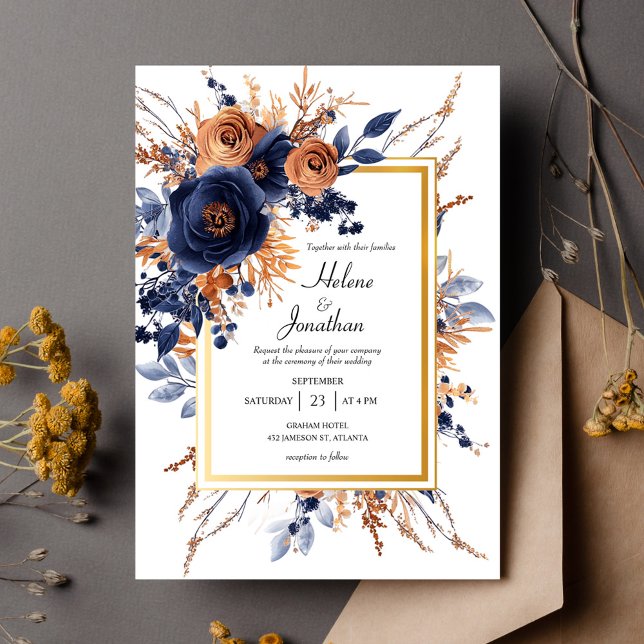 Elegant Watercolor Floral Navy Blue Rust Wedding Invitation (Elegant Watercolor Floral Navy Blue Rust Wedding Invitation)