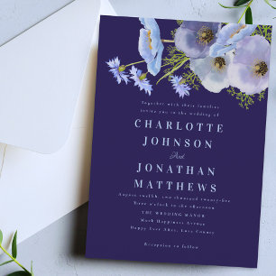 Elegant Watercolor Floral Navy Blue Wedding Invitation