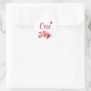 Elegant Watercolor Floral One 1st Birthday  Classic Round Sticker
