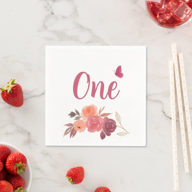 Elegant Watercolor Floral One 1st Birthday  Napkin (Insitu)
