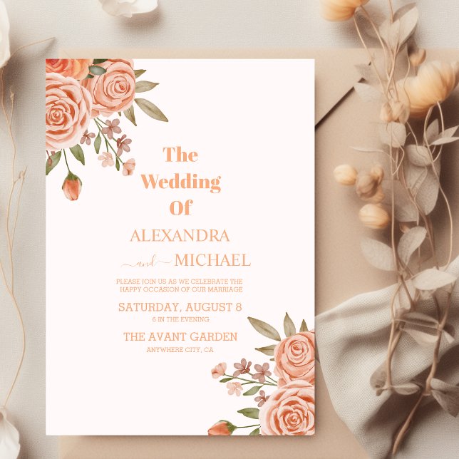 Elegant Watercolor Floral Peach Fuzz  Wedding Invitation (Creator Uploaded)
