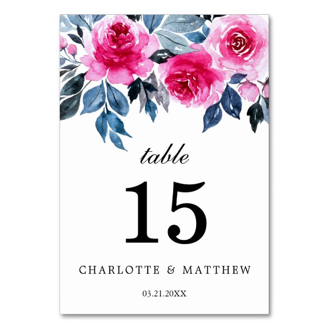 Elegant Watercolor Floral Personalised Wedding Table Number (Front)