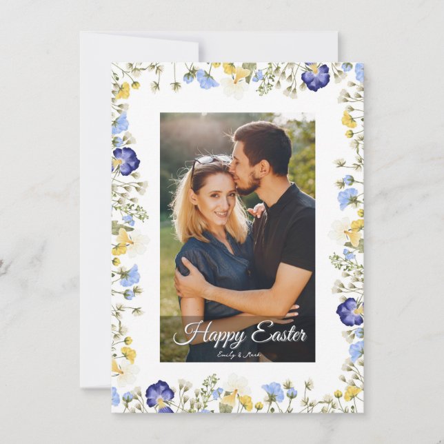 Elegant Watercolor Floral Photo Happy Easter  Holiday Card (Front)