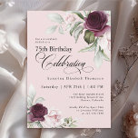 Elegant Watercolor Floral Pink 75th Birthday Invitation<br><div class="desc">Celebrate a special milestone birthday with this beautiful 75th birthday party invitation. It features elegant floral borders in burgundy and pink roses on each side of the elegantly placed text. Colours include pale blush pink, deep burgundy red and plum mixed with ethereal greenery and tiny white accent flowers on a...</div>