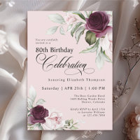 Elegant Watercolor Floral Pink 80th Birthday