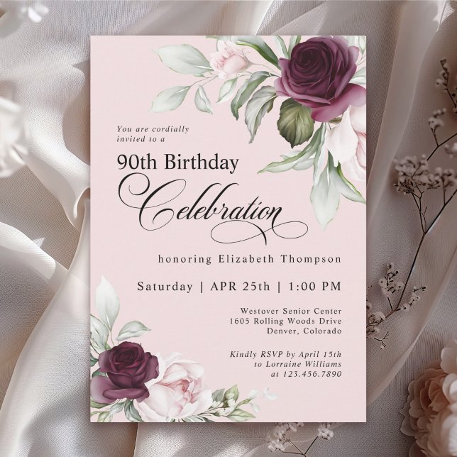 Elegant Watercolor Floral Pink 90th Birthday Invitation (Available in both printed and instant download digital formats.)