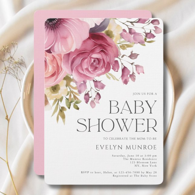 Elegant Watercolor Floral Pink Baby Shower  Invitation (Creator Uploaded)