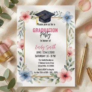 Elegant Watercolor Floral Pink Blue Graduation Invitation