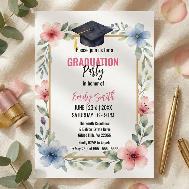 Elegant Watercolor Floral Pink Blue Graduation Invitation (Creator Uploaded)