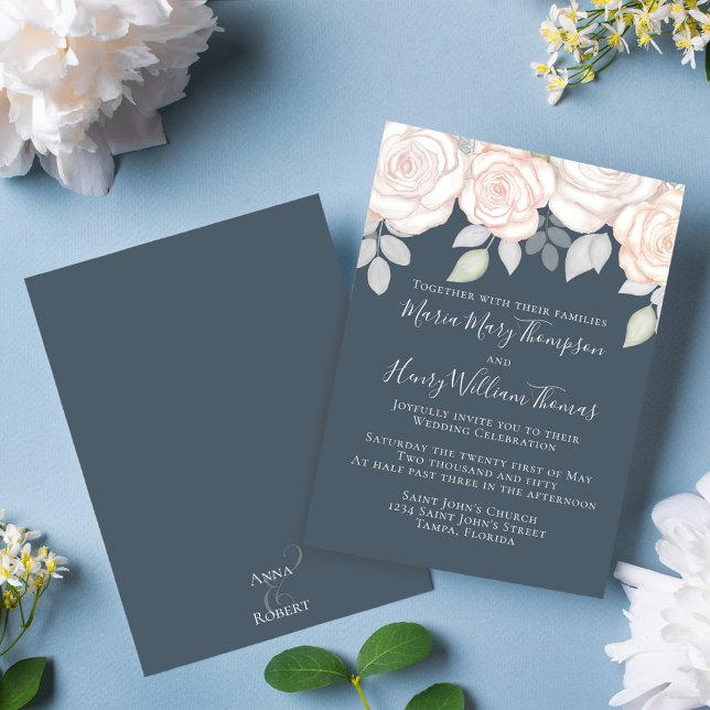 Elegant Watercolor Floral Pink Blush Greenery  Invitation (Elegant blush and blue wedding invitation with calligraphy script. )