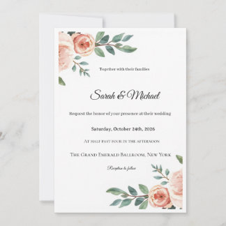 Elegant Watercolor Floral Pink Roses Wedding Invit