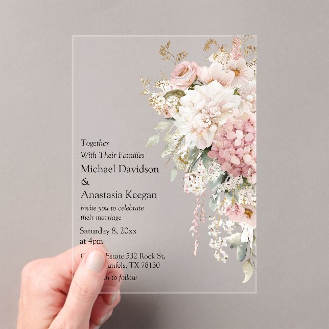 Elegant Watercolor Floral Pink script Wedding  Acrylic Invitations (Insitu (Handheld))