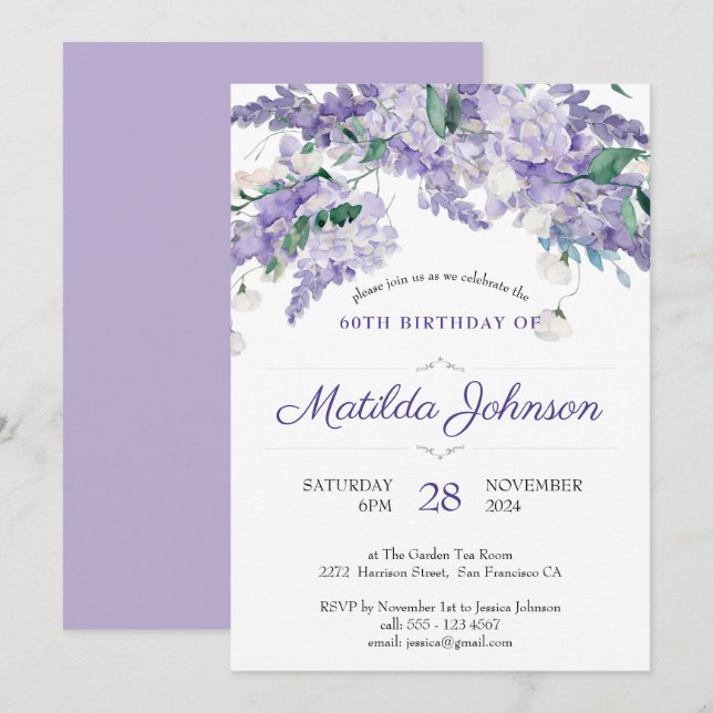  Elegant Watercolor Floral Purple 60th Birthday  Invitation (Front/Back)