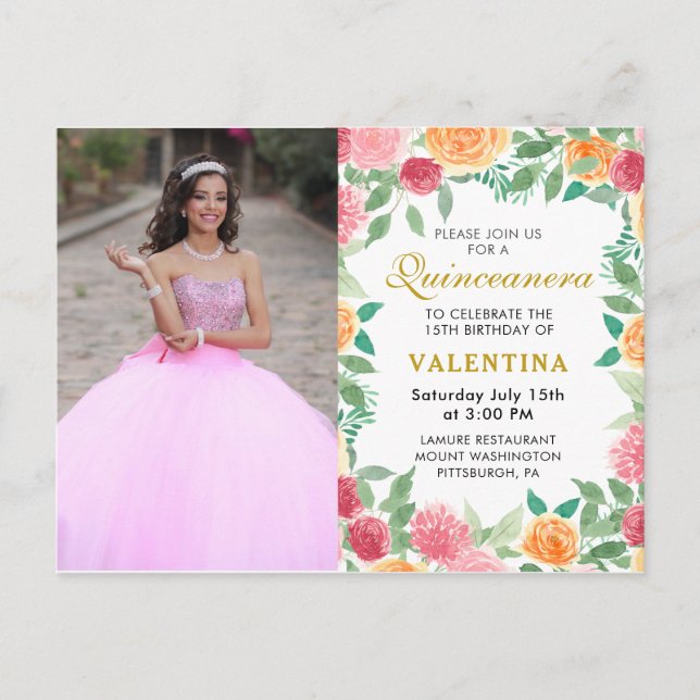 Elegant Watercolor Floral Quinceanera Photo  Invitation Postcard (Front)