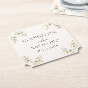 Elegant Watercolor Floral Rococo Wedding  Paper Coaster