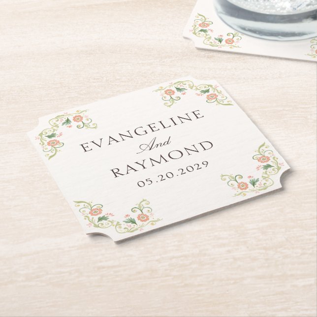Elegant Watercolor Floral Rococo Wedding  Paper Coaster (Angled)