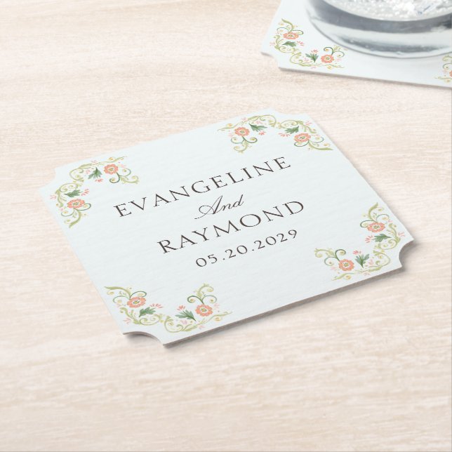 Elegant Watercolor Floral Rococo Wedding  Paper Coaster (Angled)