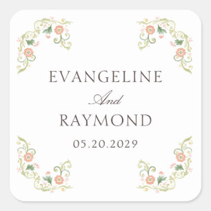 Elegant Watercolor Floral Rococo Wedding Square Sticker