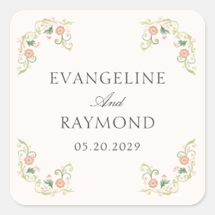 Elegant Watercolor Floral Rococo Wedding  Square Sticker