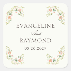 Elegant Watercolor Floral Rococo Wedding Square Sticker