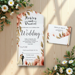 Elegant Watercolor Floral Romantic Couple Wedding All In One Invitation