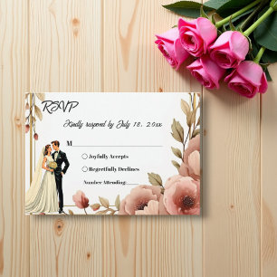 Elegant Watercolor Floral Romantic Couple Wedding RSVP Card