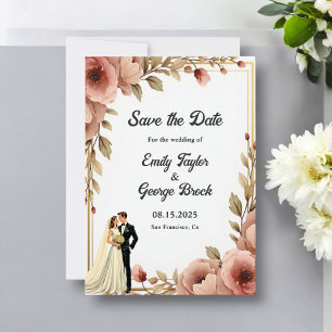 Elegant Watercolor Floral Romantic Couple Wedding Save The Date