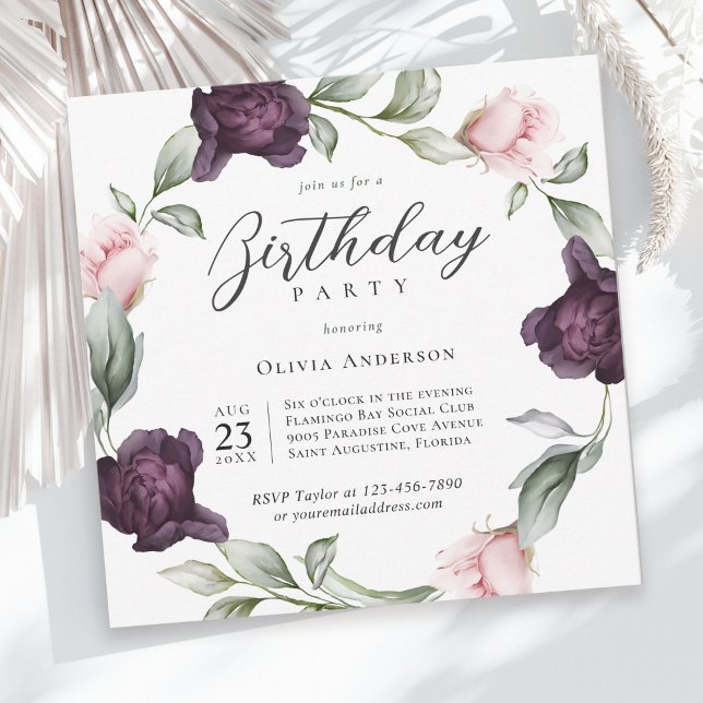 Elegant Watercolor Floral Roses Birthday Party Invitation (Available in both printed and instant download digital formats.)