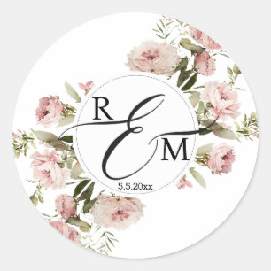 elegant watercolor floral roses monogram wedding  classic round sticker