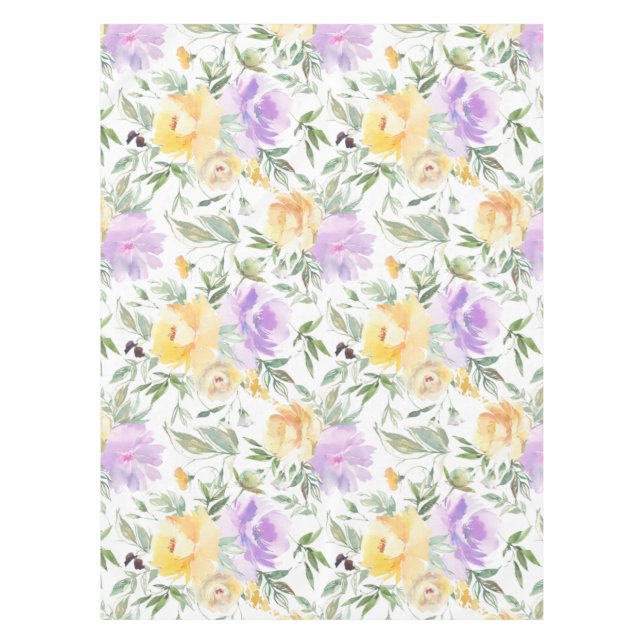 Elegant Watercolor Floral Roses Yellow Purple Tablecloth (Front)