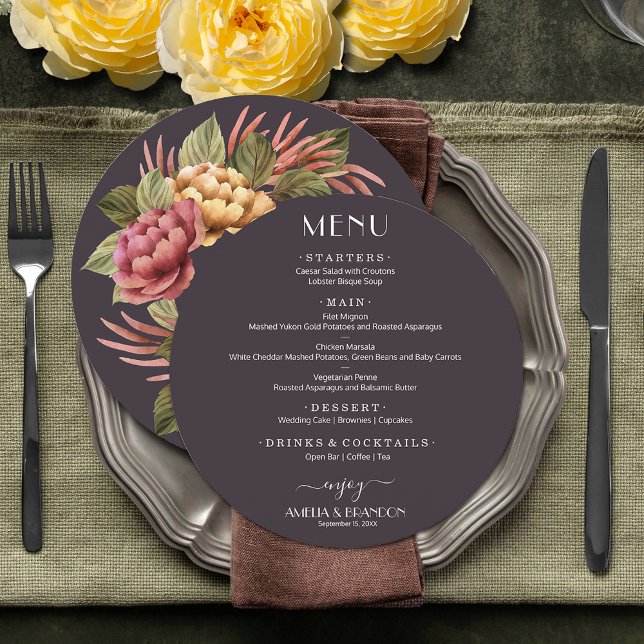 Elegant Watercolor Floral Round Wedding Menu (Elegant moody dramatic watercolor floral round 2-sided wedding menu)